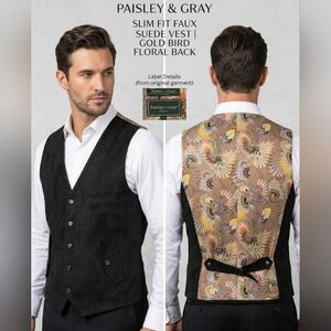 Paisley & Gray Slim Fit Faux Suede Vest | Gold Bird Floral Back Size L